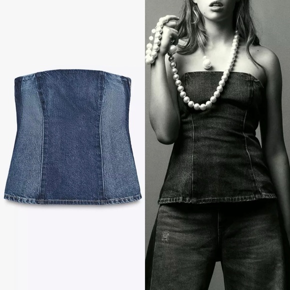 Zara Tops - Zara NWT two tone denim medium blue dark navy blue bandeau strapless tube top